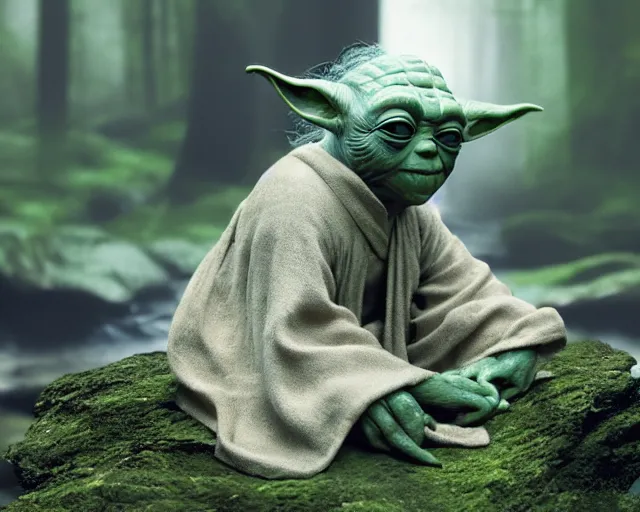 Image similar to 4 k hd, high resolution photograph of yoda meditating in dagobah, shot with sigma f / 4. 2, 2 5 0 mm sharp lens, wide shot, high level texture render