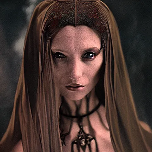 Image similar to beautiful portrait of a dark sorceress female, 35mm, cinematic atmosphere, photorealistic, depth of field, style of irwing penn