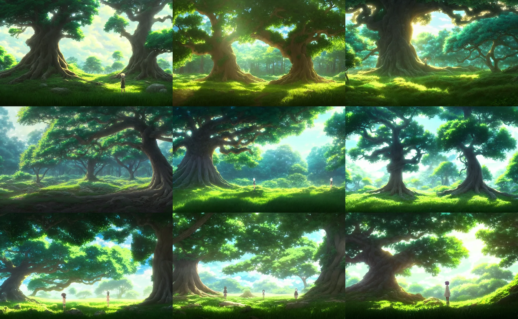 Prompt: An anime movie background matte painting of a great oak tree in the middle of a clearing in a faerie forest, by Makoto Shinkai, trending on Artstation, highly detailed