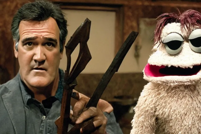 Prompt: Bruce Campbell in Evil Dead muppets