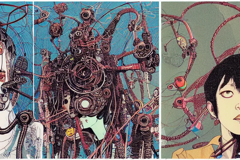 Image similar to risograph grainy drawing vintage sci - fi, satoshi kon color palette, arzach bird covered with robot parts and wires, wearing futuristic layered scaphander with lot tentacles, insects and dragonflies around, painting by moebius and satoshi kon and dirk dzimirsky close - up portrait