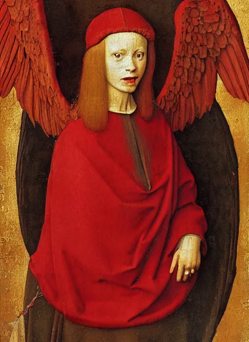 Image similar to fallen angel dressed in red with wings by Jan van Eyck, Hieronymus Bosch, Johannes Vermeer 4k post-processing, highly detailed medieval painting