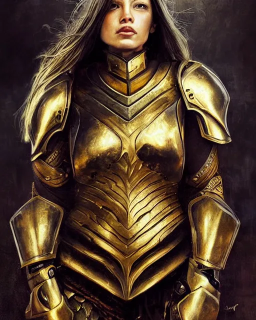 Image similar to beautiful female warrior, half body portrait, long flowing hair, heavy gold armour, realistic oil painting by Boris Valejo