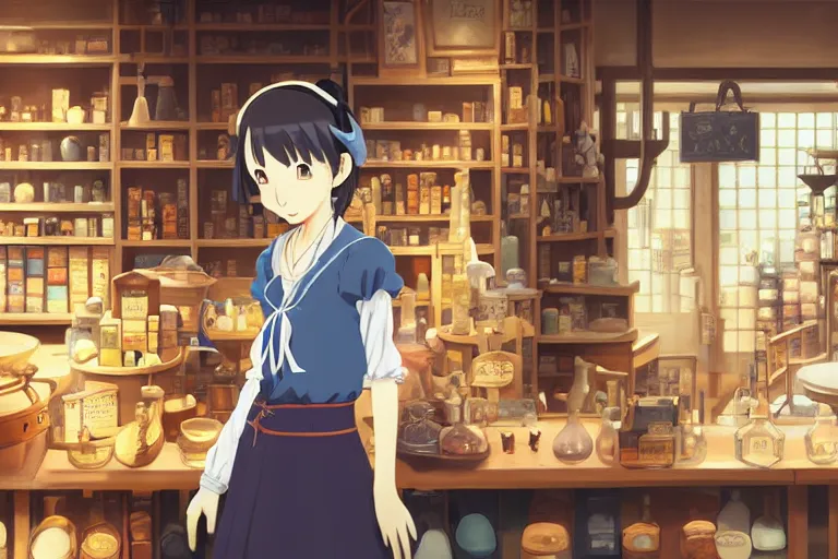 Prompt: anime visual, portrait of a young female traveler in a alchemist's shop interior, cute face by yoh yoshinari, katsura masakazu, studio lighting, dynamic pose, dynamic perspective, strong silhouette, anime cels, ilya kuvshinov, cel shaded, crisp and sharp, rounded eyes, moody, ( ( blue tones ) )