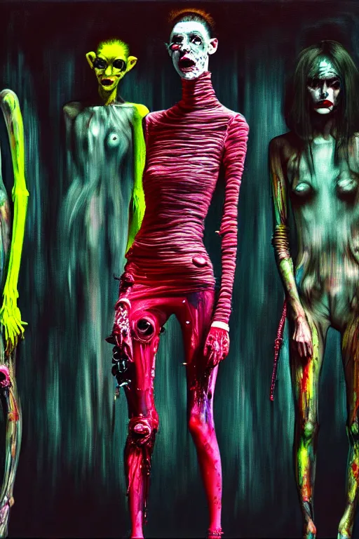 Image similar to crazy fashion catwalk, one model, crazy clothes, biopunk style, horror, clothes look like slime, hauntingly surreal, highly detailed painting by francis bacon, edward hopper, adrian ghenie, gerhard richter, and james jean soft light 4 k,