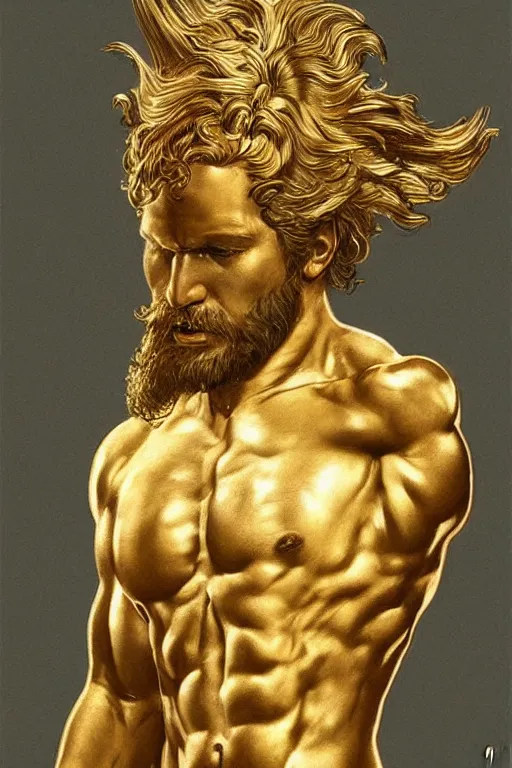 Image similar to ultra realistic illustration, a golden statue of a herculean glenn howerton as the god apollo, intricate, elegant, highly detailed, digital painting, artstation, concept art, smooth, sharp focus, illustration, art by artgerm and greg rutkowski and alphonse mucha