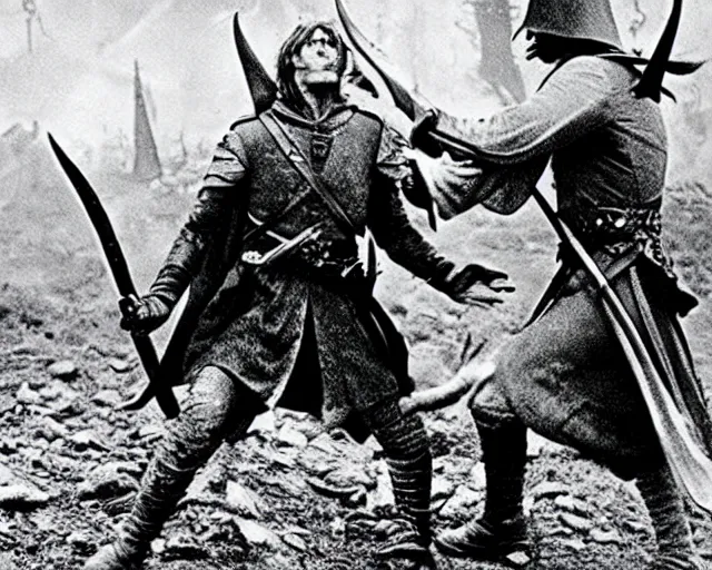 Image similar to vintage photograph of sauron from lord of the rings fighting in ww 1