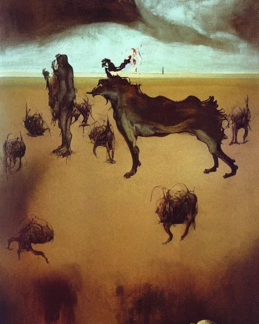 Image similar to a Francis Bacon Painting of a large beast walking the countryside and eating a person, Beksinski painting, part by Francisco Goya and Gerhard Richter. art by James Jean, Francis Bacon masterpiece