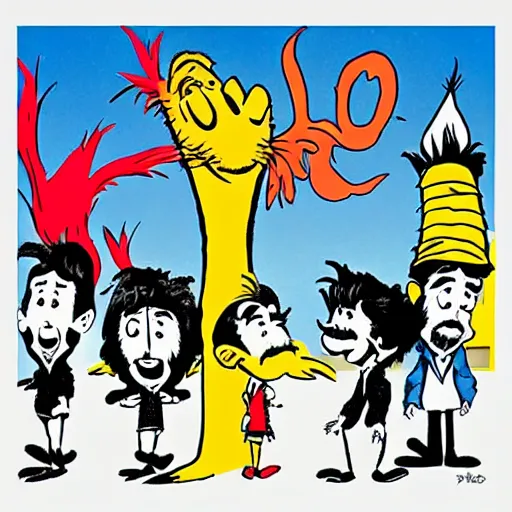 Prompt: The Beatles as a Dr. Seuss cartoon, album cover