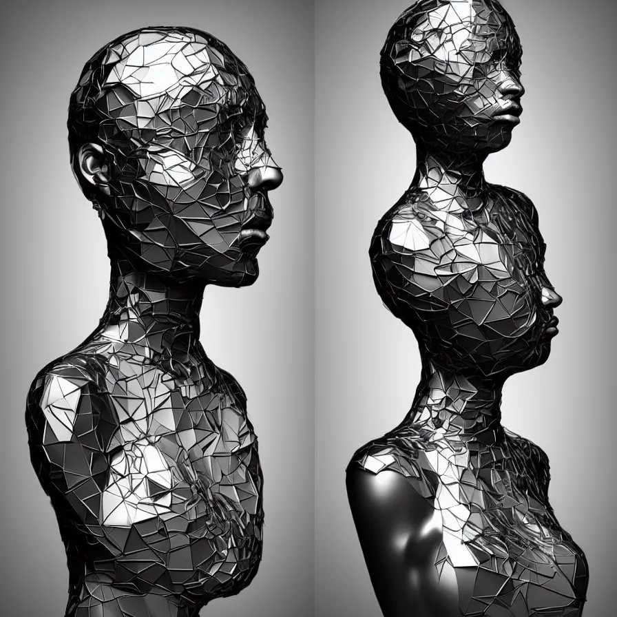 Image similar to a one woman with a futuristic mask on her face, a surrealist sculpture by alexander mcqueen, trending on pinterest, plasticien, biomorphic, made of plastic, a computer rendering by bedwyr williams, featured on zbrush central, holography, multiple exposure, glitch art, glitchy, photorealistic