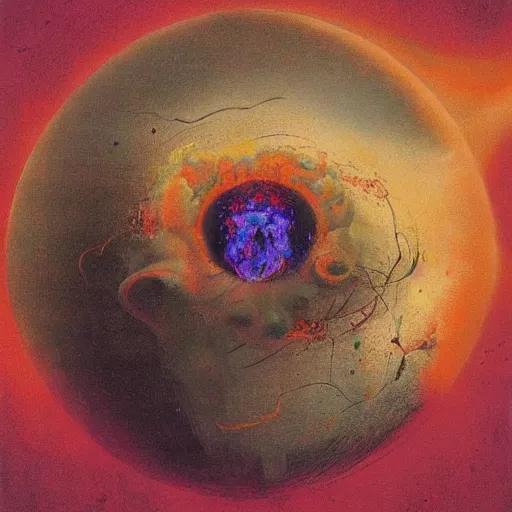 Image similar to a sphere being devoured by abstract splatters of paint in the style of francis bacon, venus being engulfed in flames in the style of james jean, surreal, beksinski, high detailed