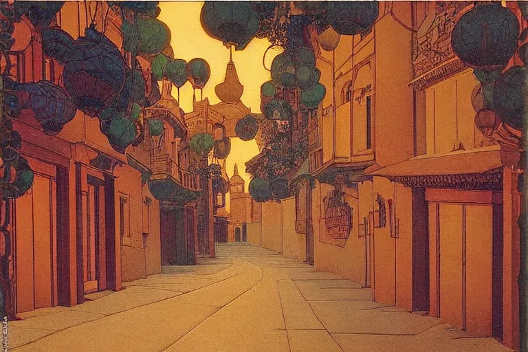 Image similar to winding street at midnight in a very old very beautiful city by George Price Boyce and Nicholas Roerich and Maxfield Parrish, glowing paper lanterns, strong dramatic cinematic lighting , ornate tiled architecture, lost civilizations, smooth, sharp focus, extremely detailed