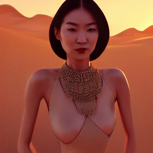 Image similar to innovative avant-garde art, deco fashion, asian women, highly detailed, photorealistic portrait, serene desert setting, golden hour, crisp quality and light reflections, unreal engine 5 quality render