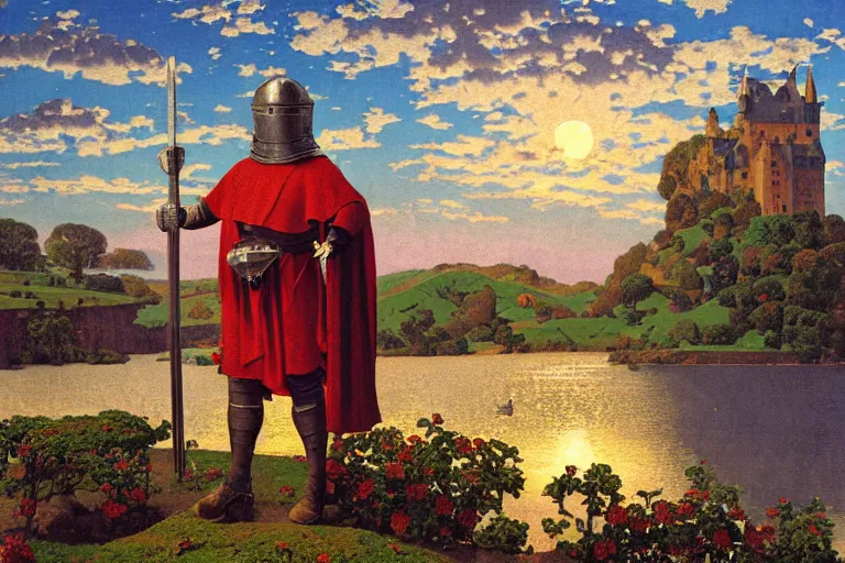 Image similar to painting of a medieval knight in front of a castle, sunset, clouds, chill, romantic, by ludwig deutsch and maxfield parrish, patterned tilework, extremely detailed, cinematic lighting, smooth sharp focus