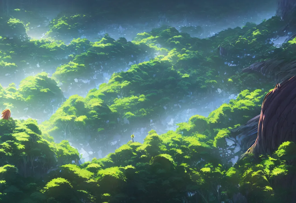 Image similar to high view of the background of a forest that has an endless pit in the bottom of the image, visible brush strokes, forest, dynamic lighting, aesthetics, smooth, d & d, fantasy, asymmetrical, elegant, matte painting, by makoto shinkai borderlands and by feng zhu rossdraws, fan art, cartoon style