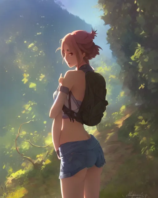 Prompt: a girl on a hike, sexy outfit, medium shot, visible face, detailed face, perfectly shaded, atmospheric lighting, by makoto shinkai, stanley artgerm lau, wlop, rossdraws