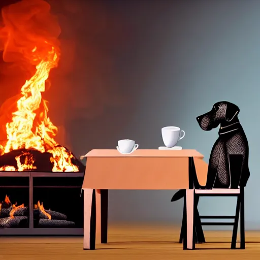 Prompt: a photograph of an human-like relaxed dog in his house, sitting at a table, ☕ on the table, room is on fire, surrounded by flames, a lot of flames behind the dog, smoke under the ceiling