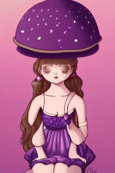 Image similar to a little girl wearing a mushroom hat in dress sitting | | purple curvy hair, pretty face, fine details, digial art by lois van baarle, anatomically correct, perfect composition, symmetrical, fantastic, clean details, anime character, extremely detailed