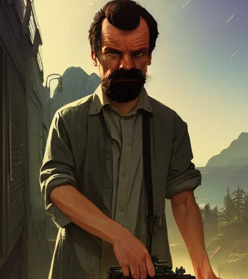 Image similar to Highly detailed portrait Nietzsche in GTA V, Stephen Bliss, unreal engine, fantasy art by Greg Rutkowski, Loish, Rhads, ferdinand knab, Makoto Shinkai and Lois van baarle, ilya kuvshinov, rossdraws, Tom Bagshaw, global illumination, radiant light, detailed and intricate environment