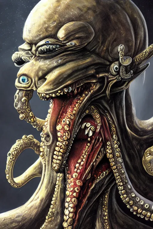 Prompt: a spectacular wideangle photorealistic, detailed closeup portrait of angry giger alien with a octopus head and golden jewelery, digital art