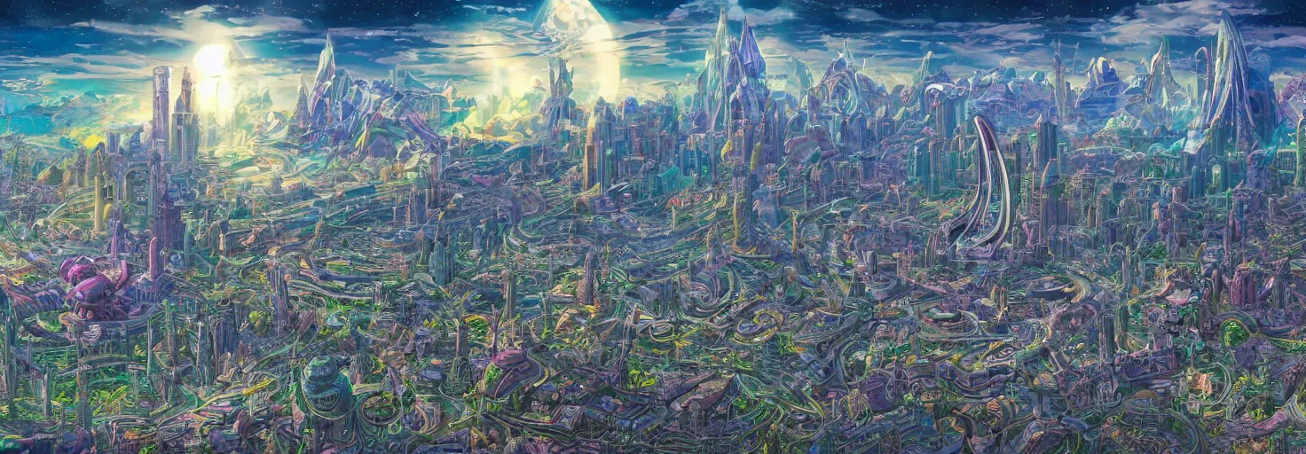 Image similar to beautiful landscape mural of a great advanced futuristic city in an alien planet, futuristic landscape, vivid colors, intricate, highly detailed, masterful, fantasy world, in the style of moebius, akira toriyama, jean giraud, 8 k, crystal clear illustration,