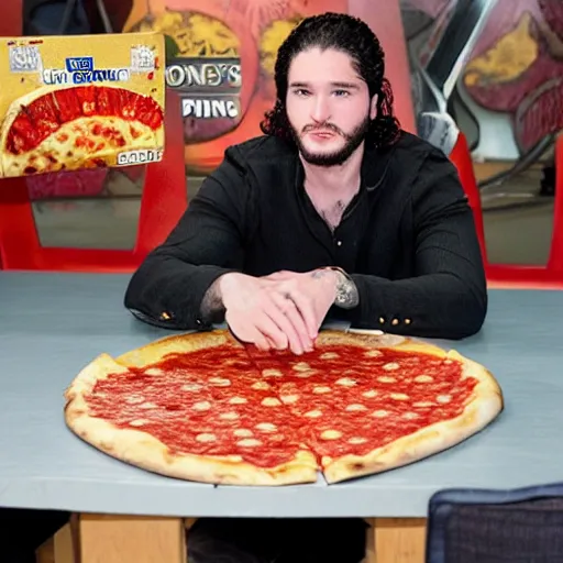 Prompt: Jon Snow, from Game of Thrones eating the largest most juiciest, yummy dummy pizza in the world, extra sauce, Domino's Pizza