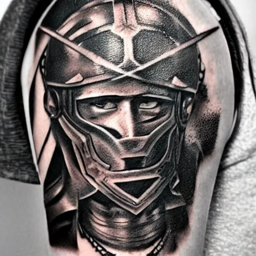 Image similar to a spartan warrior with shield and sword, tattoo, tattoo art, Black and grey tattoo style,