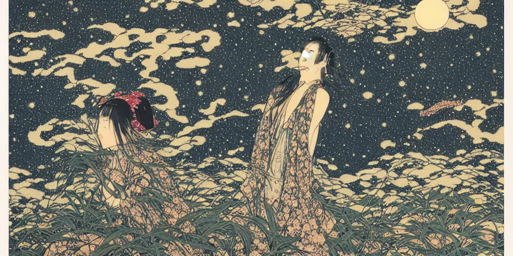 Prompt: stunning river landscape with sky full of galaxies by takato yamamoto