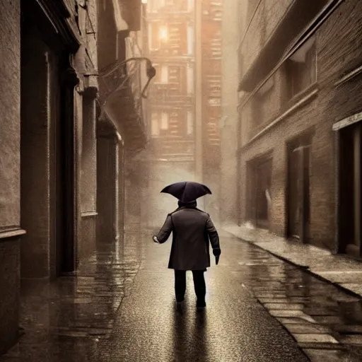 Prompt: halfling private investigator walking down a Victorian rainy alley in a trenchcoat , artstation, detailed, hyper realistic, 8k, digital art, cinematic