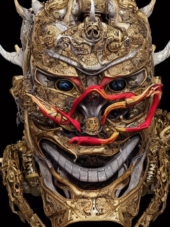 Image similar to portrait art of 8k ultra realistic hannya mask,intricate, detailed intricate ornate armour,decaying, cybernetic, full of colour, cinematic lighting, battered, trending on artstation, 4k, hyperrealistic, focused, extreme details,unreal engine 5, cinematic, masterpiece, art by ayami kojima, giger