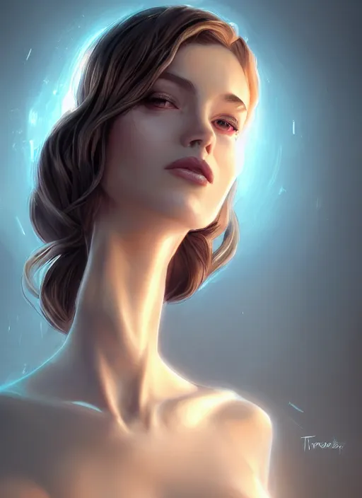 Image similar to beautiful fashion goddness, strapless dress, character portrait in the style of thomas river and artgerm, wlop, cinematic lighting, hyperdetailed, 8 k realistic, symmetrical, global illumination, radiant light, halo, love and mercy, frostbite 3 engine, cryengine, dof, trending on artstation, digital art, chanel