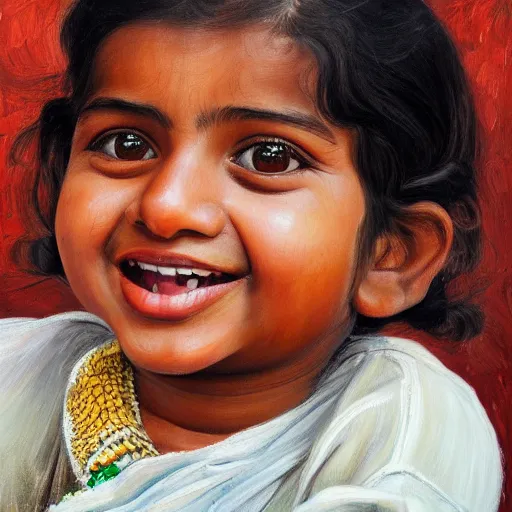 Image similar to high quality high detail painting by lucian freud, hd, smiling cute indian girl portrait, photorealistic lighting