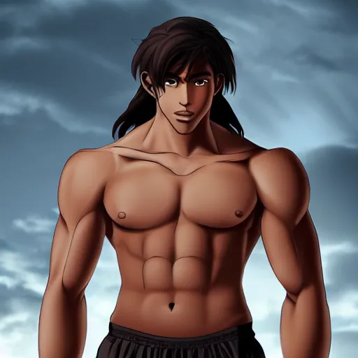 Prompt: Male 6 foot tall eighteen-year-old muscular fighter's body, lean muscle, dark brown skin, brown eyes, dark brown hair, calm expression, alert eyes, strong jaw, photorealistic, high quality character portrait
