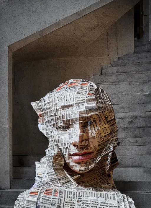 Image similar to a portrait of a beautiful young woman paper mache wrapped and made of newspaper, sitting relax and happy, marble stairs on the the backgroundhyper realistic, 8 k,