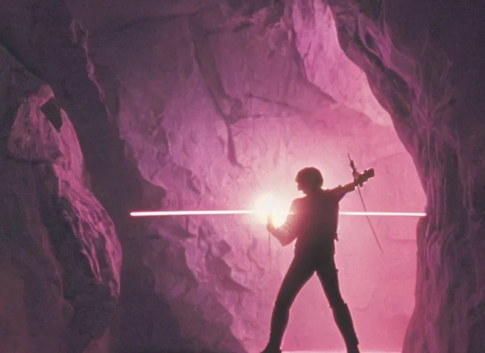 Image similar to detailed protrait photo of Luke skywalker uncovering the ancient jedi texts. a pink hazy ethereal cave from indiana jones, screenshot from the 1985 film, Photographed with Leica Summilux-M 24 mm lens, ISO 100, f/8, Portra 400