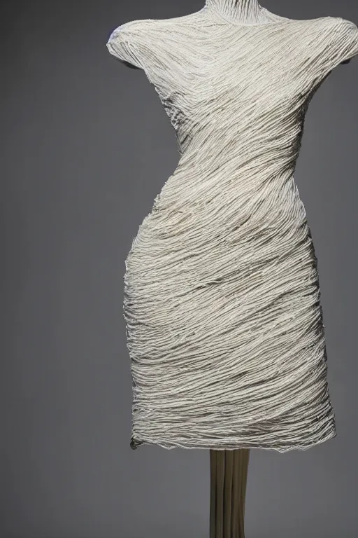 Image similar to A beautiful dress made out of a noodles, on a mannequin. High quality, high resolution, studio lighting