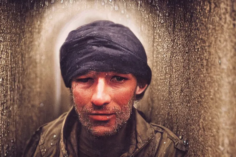 Image similar to a cinematic!! headshot photograph!! of a beautiful homeless war veteran, stood in a tunnel, rain, film still, cinematic, dramatic lighting, by bill henson