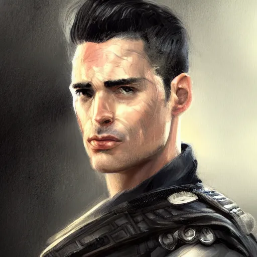 Image similar to Portrait of a man by Greg Rutkowski, he is about 30 years old, black quiff hair, his features are a mix between French, Turkish and Russian, strong, older brother vibes, he is wearing a futuristic police gear, highly detailed portrait, digital painting, artstation, concept art, smooth, sharp foccus ilustration, Artstation HQ.