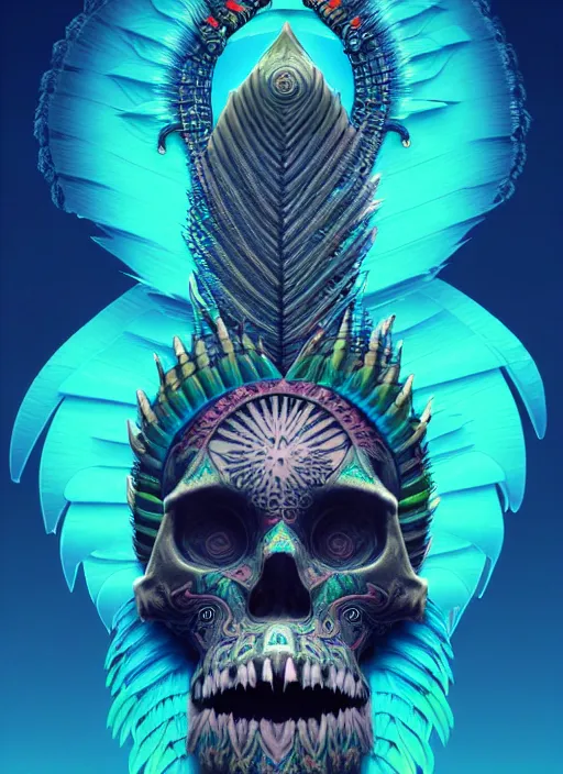 Image similar to 3 d shaman with tattoos profile portrait, sigma 5 0 0 mm f / 5. beautiful intricate highly detailed quetzalcoatl skull and feathers. bioluminescent, gradient background, plasma, frost, water, wind, creature, thunderstorm! artwork by tooth wu and wlop and beeple and greg rutkowski, 8 k trending on artstation,