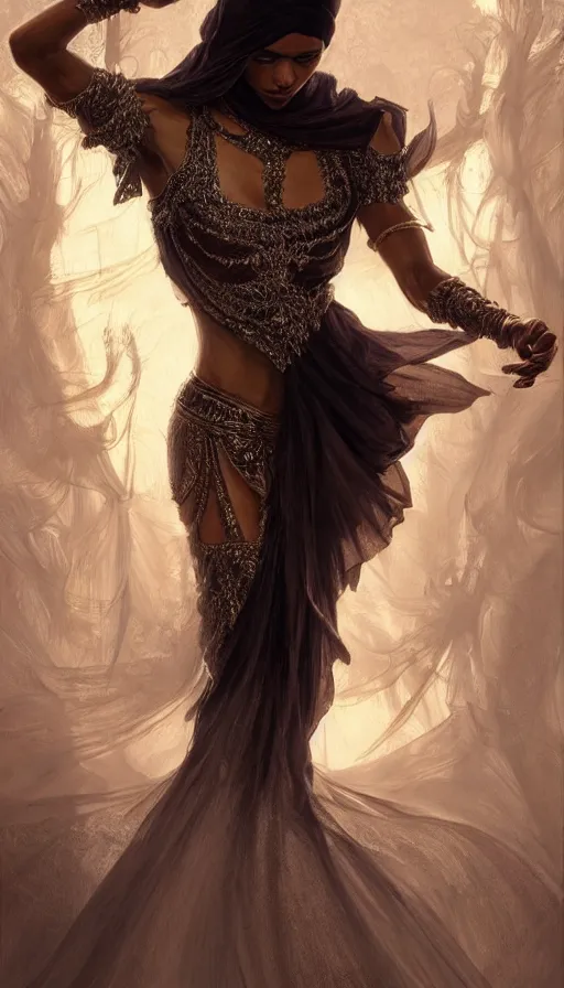 Image similar to dancer, arabian, black skin, veils, , sweaty, intricate fashion clothing, insane, intricate, highly detailed, digital painting, artstation, concept art, smooth, sharp focus, illustration, Unreal Engine 5, 8K, art by artgerm and greg rutkowski and alphonse mucha