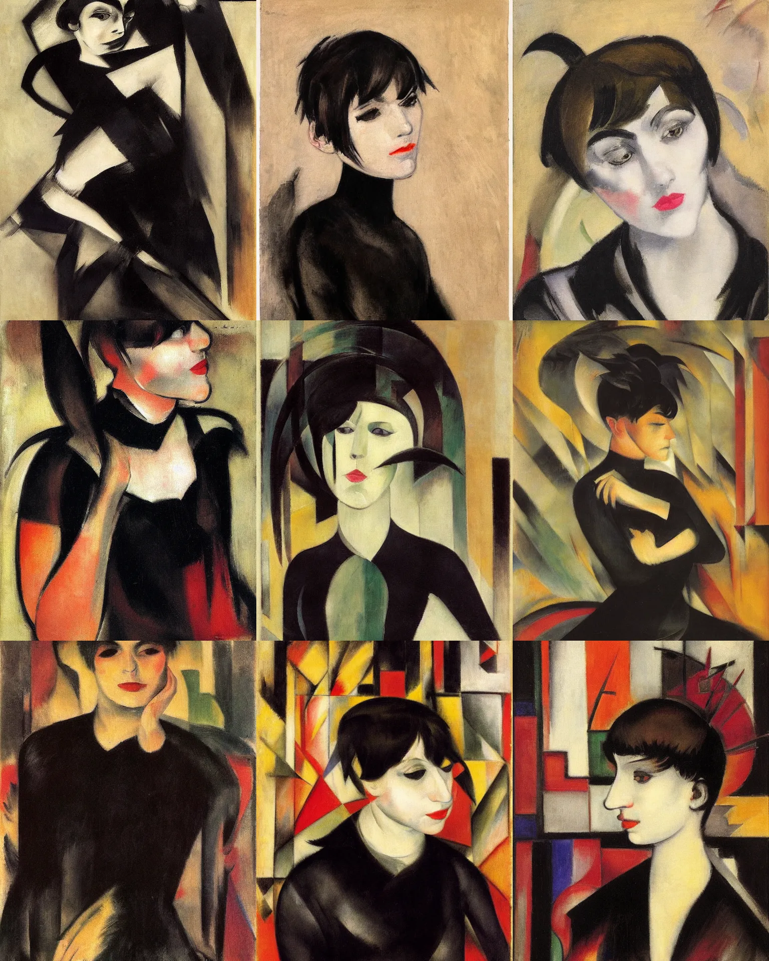 Prompt: A goth portrait by Franz Marc. Her hair is dark brown and cut into a short, messy pixie cut. She has a slightly rounded face, with a pointed chin, large entirely-black eyes, and a small nose. She is wearing a black tank top, a black leather jacket, a black knee-length skirt, a black choker, and black leather boots.