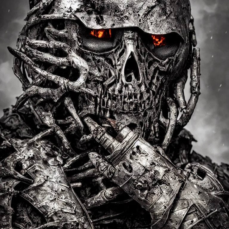 Image similar to armoured undead man, in a burned forest, medieval style, highly detailed, smooth, sharp focus, character portrait, portrait, close up, concept art, intricate details, medieval poster, 8 k. lifelike. dark light. nikon d 8 5 0