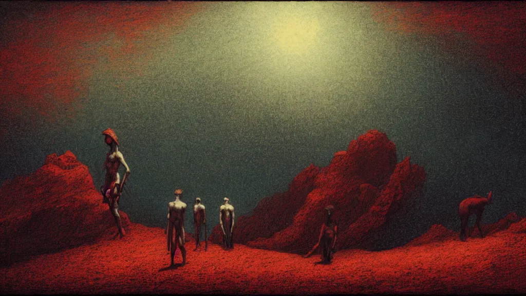 Image similar to deep rich colors autochrome illustration lithograph, the survivors lay quietly in that cratered void and watched the whitehot stars go rifling down the dark, blood meridian, colored etching by gustave dore, matte painting, 8 k resolution artwork, folk horror, dramatic eerie lighting, trending on artstation, painting, elaborate excellent painted illustration, smooth