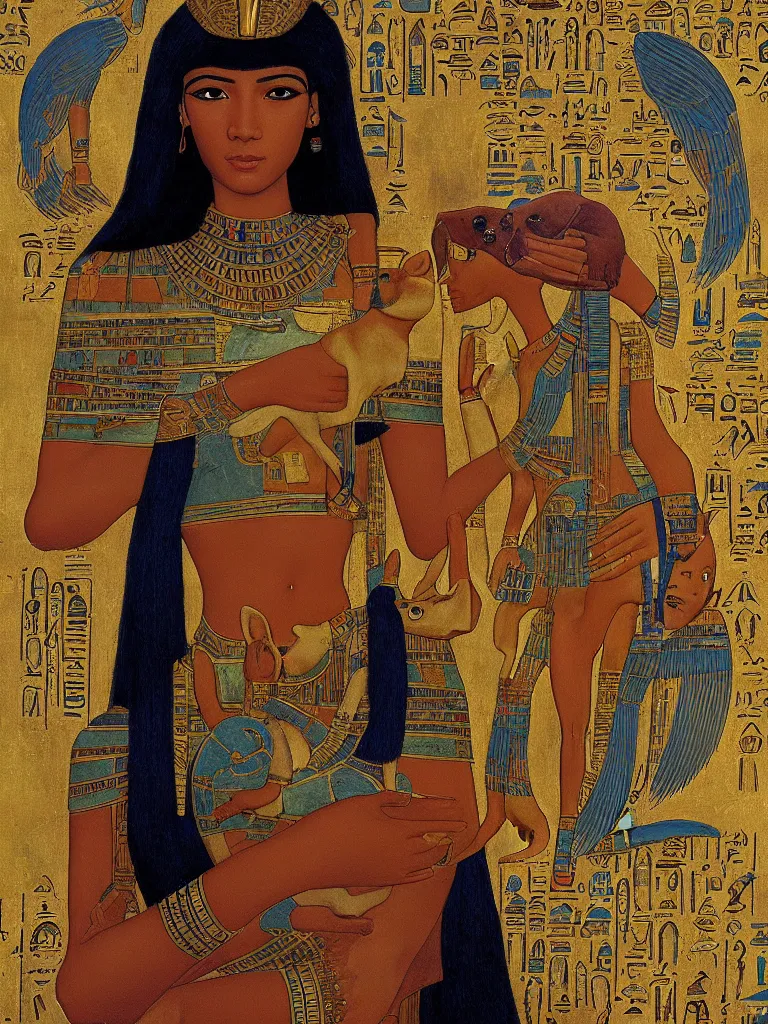 Image similar to portrait of a beautiful female ancient Egyptian goddess holding Anubis the dog in her arms. Hieroglyphs are written on the background, and blue lotus grows at her feet. painting by James C. Christensen