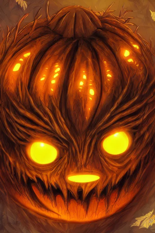 Image similar to a humanoid pumpkin monster, amber glowing eyes, highly detailed, digital art, sharp focus, trending on art station, plant, anime art style