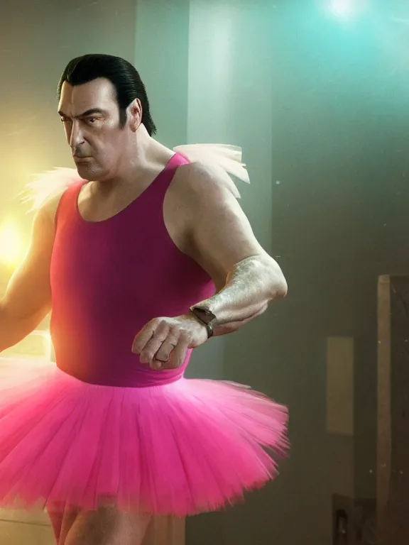 Image similar to art of prime Steven Segal wearing a tutu and ballet shoes, 8k ultra realistic , lens flare, atmosphere, glow, detailed,intricate, full of colour, cinematic lighting, trending on artstation, 4k, hyperrealistic, focused, extreme details,unreal engine 5, cinematic, masterpiece