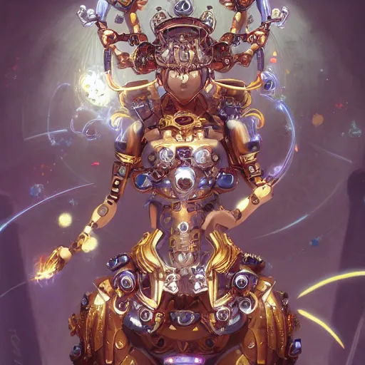 Prompt: Anime robotic god with 6 arms levitating in space, scales and jewelry of gold and silver, intricate, digital painting, highly detailed, concept art, Artstation, Cgsociety, Artgerm, Studio Trigger, Wlop