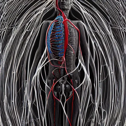 Prompt: man made of internal organs and arteries and veins and cables, extreme detailed intricate render, 8k artistic photography