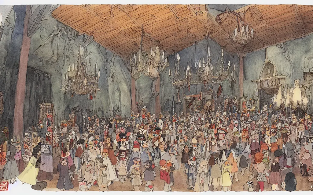 Image similar to interior, a large hall in the castle decorated for halloween drawn by hayao miyazaki, watercolor illustration for a book