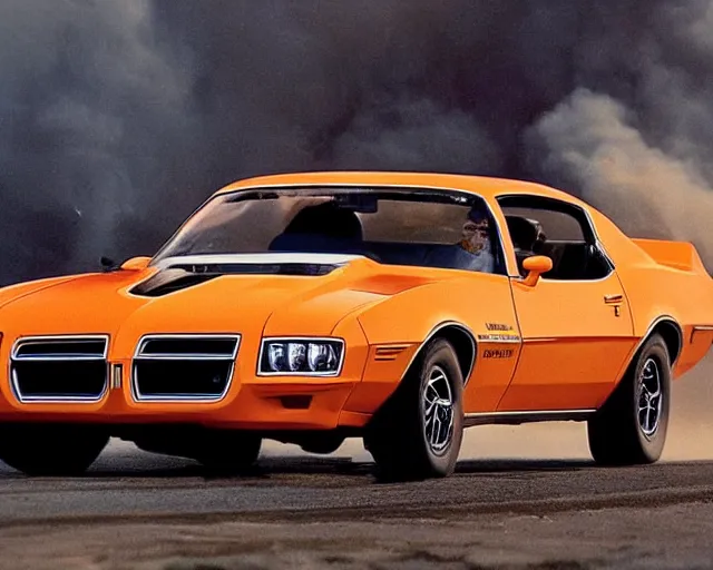 Image similar to Pontiac firebird drivning away from an explotion, 70's movie scen